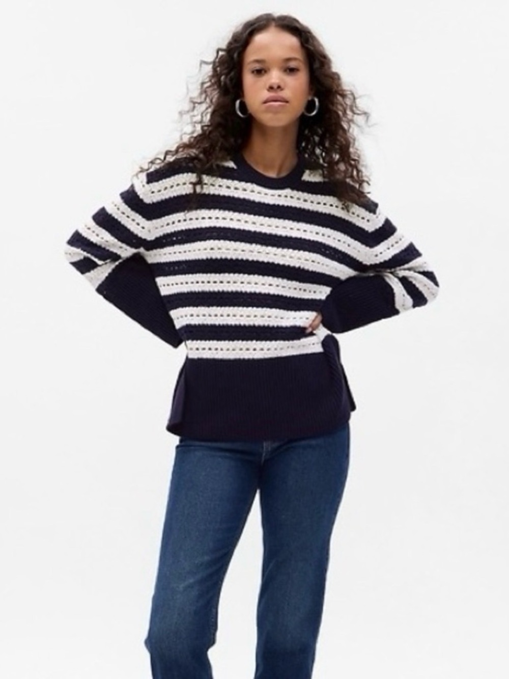 Gap 24/7 Split-Hem Crochet Sweater Navy White Preppy Academia Oversized Size XS